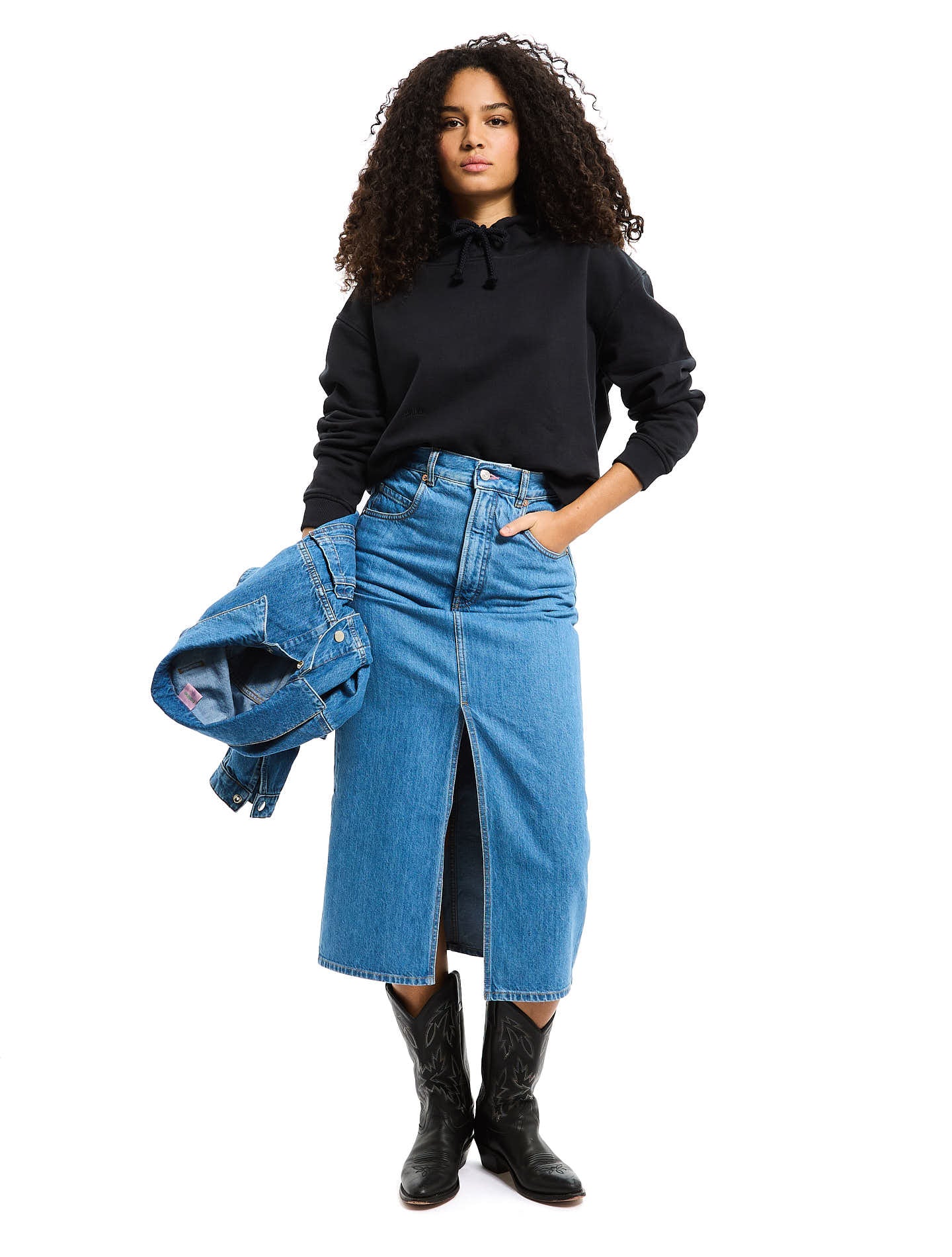 La jupe longue Brenda en denim bio recycle Bleu Medium Patine